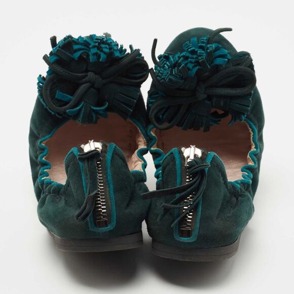 Miu Miu Dark Green Suede Fringe Bow Scrunch Ballet Flats Size 38